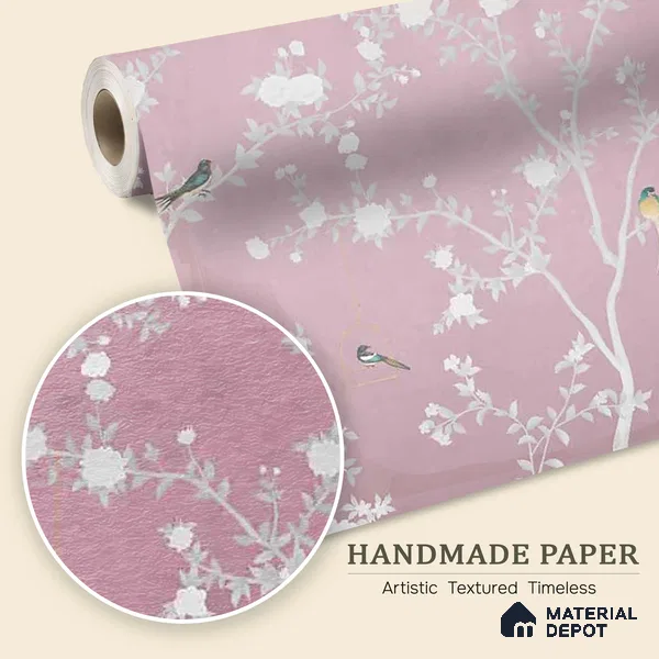 Aura in the Garden Pink Chinoiserie Wallpaper Sukoon Series Handmade Chinoserie Design (Customised Size Wallpaper)