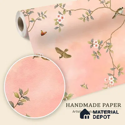 Blossom, Peach Chinoiserie Wallpaper, Customised Sukoon Series Handmade Chinoserie Design (Customised Size Wallpaper)