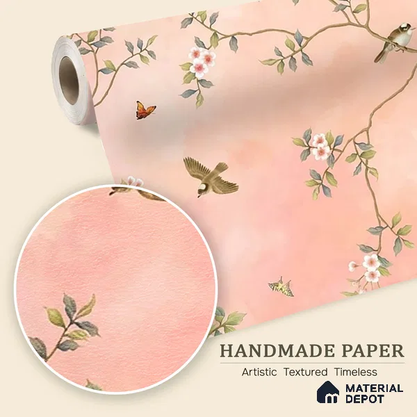 Blossom, Peach Chinoiserie Wallpaper, Customised Sukoon Series Handmade Chinoserie Design (Customised Size Wallpaper)