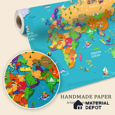 Blue Colourful World Map for Kids Room Walls Sparkla N Shine Series Handmade Map Design (Customised Size Wallpaper)