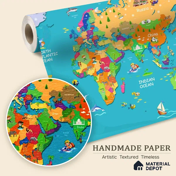 Blue Colourful World Map for Kids Room Walls Sparkla N Shine Series Handmade Map Design (Customised Size Wallpaper)