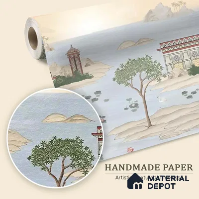 Dream Palace | Pale Blue Lakeside Pavilion Scenic Look Wallpaper Handmade (Customised Size)