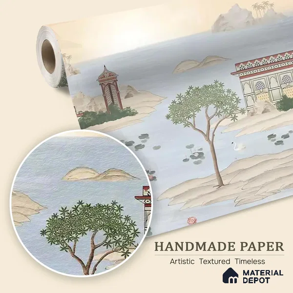 Dream Palace | Pale Blue Lakeside Pavilion Scenic Look Wallpaper Handmade (Customised Size)