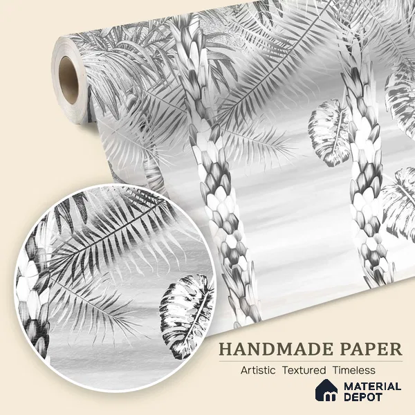 Ehsaas | Grey & White Palm Leaf Botanical Look Wallpaper Handmade (Customised Size)