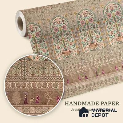 Gitanjali | Warm Beige Temple Arch Motif Traditional Look Wallpaper Handmade (Customised Size)