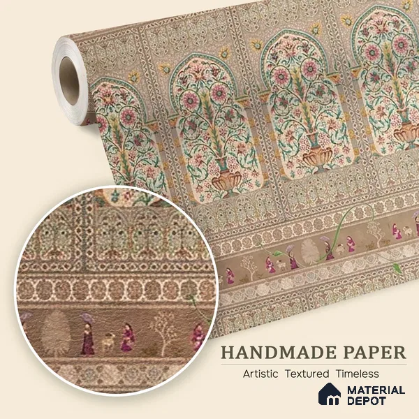 Gitanjali | Warm Beige Temple Arch Motif Traditional Look Wallpaper Handmade (Customised Size)