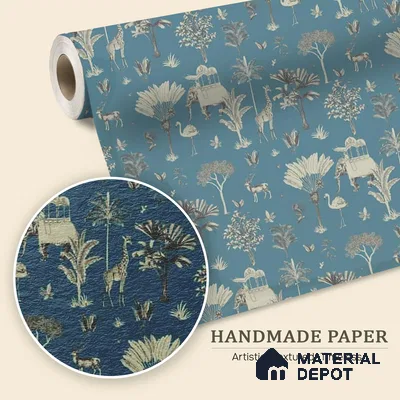 Itihaas | Steel Blue Tree Deer Botanical Look Wallpaper Handmade (Customised Size)