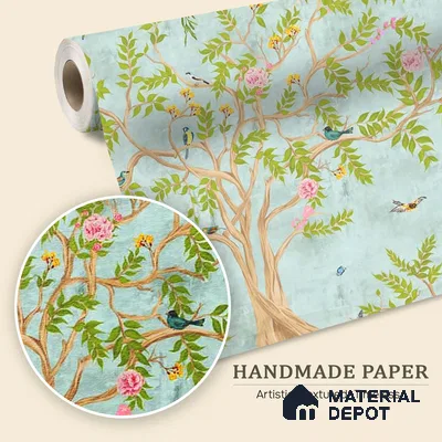 Jannat: Chinoiserie Floral Theme Wallpaper Sukoon Series Handmade Chinoserie Design (Customised Size Wallpaper)