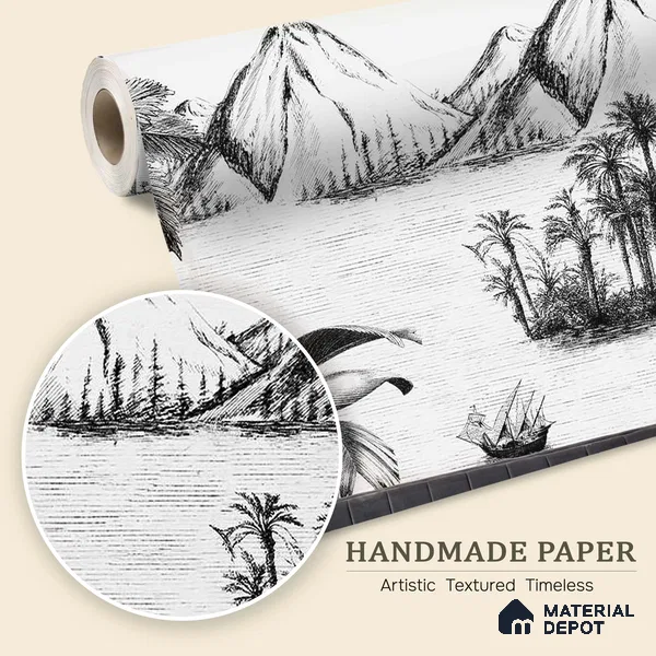 Khoob, Tropical Trees Black and White Wallpaper Sukoon Series Handmade Tropical Design (Customised Size Wallpaper)