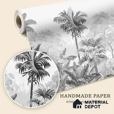 Monochrome Palm haven Wallpaper for Walls Sukoon Series Handmade Nature Design (Customised Size Wallpaper)