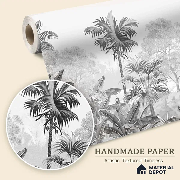 Monochrome Palm haven Wallpaper for Walls Sukoon Series Handmade Nature Design (Customised Size Wallpaper)