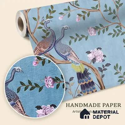 Morni, Peacock and Flowers Chinoiserie Design for Walls, Blue Sukoon Series Handmade Chinoserie Design (Customised Size Wallpaper)