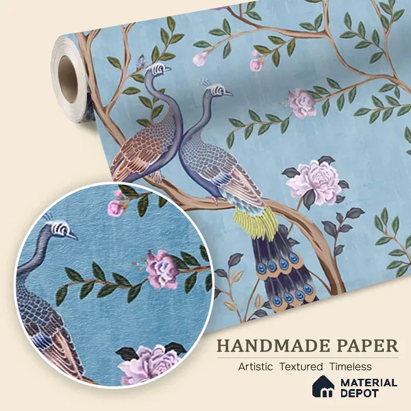 Morni, Peacock and Flowers Chinoiserie Design for Walls, Blue Sukoon Series Handmade Chinoserie Design (Customised Size Wallpaper)