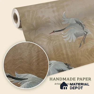 Musafir Beautiful Cranes Brown Wallpaper Sukoon Series Handmade Abstract Design (Customised Size Wallpaper)