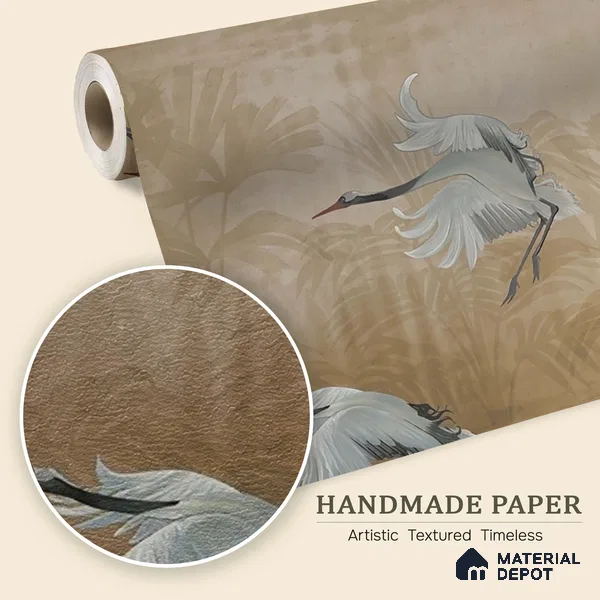 Musafir Beautiful Cranes Brown Wallpaper Sukoon Series Handmade Abstract Design (Customised Size Wallpaper)