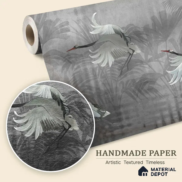 Musafir Beautiful Cranes Grey | Charcoal Grey Flying Cranes Scenic Look Wallpaper Handmade (Customised Size)