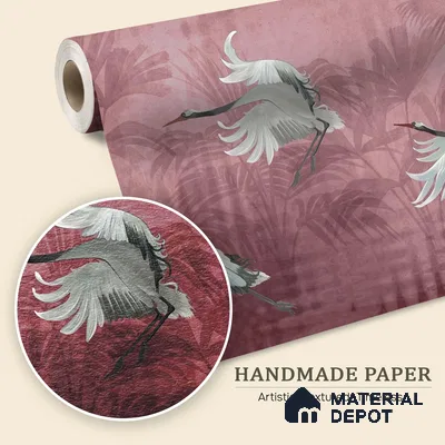 Musafir Beautiful Cranes Maroon Wallpaper Sukoon Series Handmade Abstract Design (Customised Size Wallpaper)