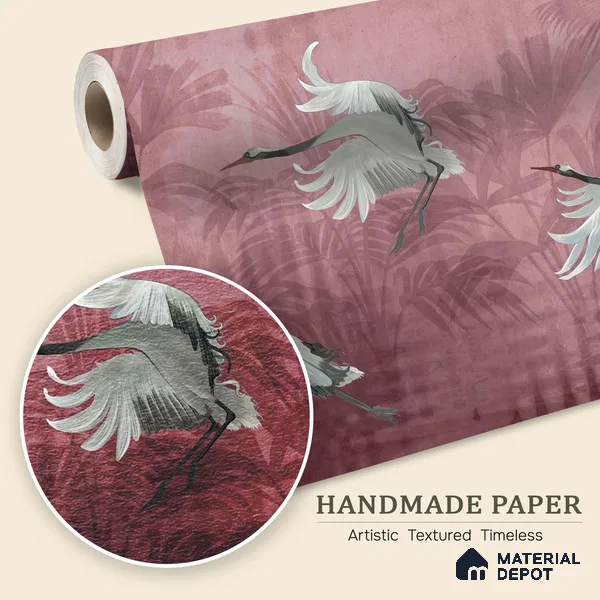 Musafir Beautiful Cranes Maroon Wallpaper Sukoon Series Handmade Abstract Design (Customised Size Wallpaper)
