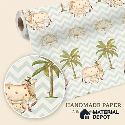 Pichwai Cows in Chevron | Sage Green Palm Tree Sheep Kids Look Wallpaper Handmade (Customised Size)