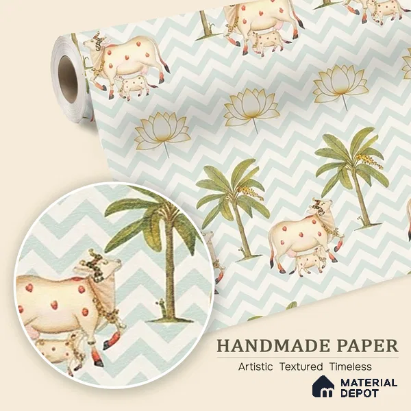 Pichwai Cows in Chevron | Sage Green Palm Tree Sheep Kids Look Wallpaper Handmade (Customised Size)