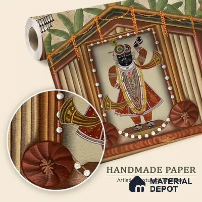 Shrinathji Pichwai | Warm Beige Krishna Shrine Pichwai Traditional Look Wallpaper Handmade (Customised Size)