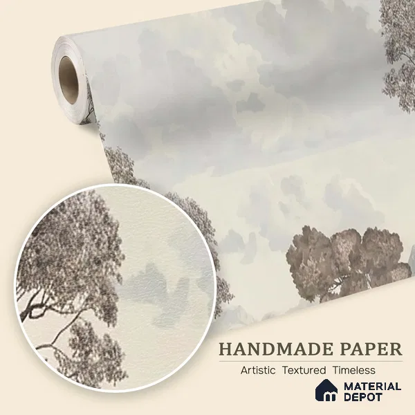 Sukoon | Charcoal Grey Toile Landscape Scenic Look Wallpaper Handmade (Customised Size)