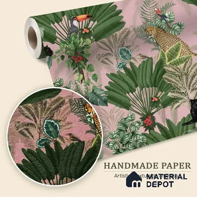 Tropical Tales: Deep Forest Wallpaper, Pink Sukoon Series Handmade Tropical Design (Customised Size Wallpaper)