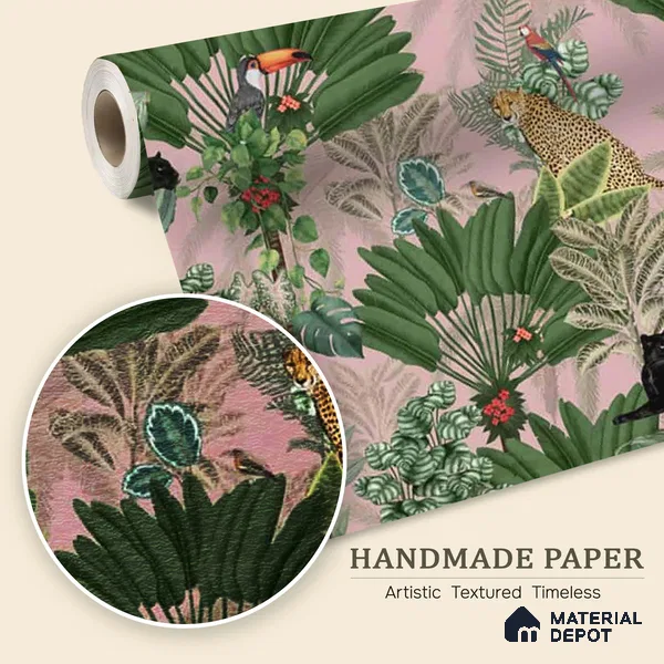 Tropical Tales: Deep Forest Wallpaper, Pink Sukoon Series Handmade Tropical Design (Customised Size Wallpaper)