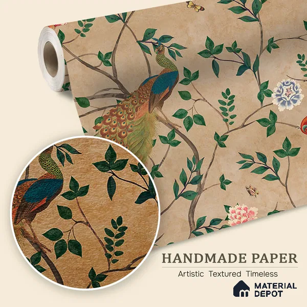 Pakhi Beige Chinoiserie Design Handmade (Customised Size Wallpaper )