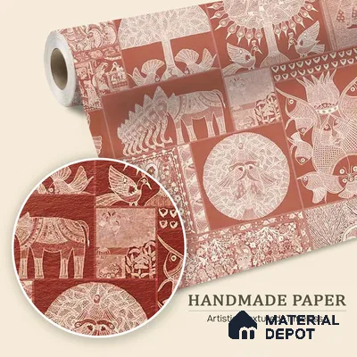 Geet Madhubani Handmade Wallpaper, Terracotta Red (Customised Wallpaper)