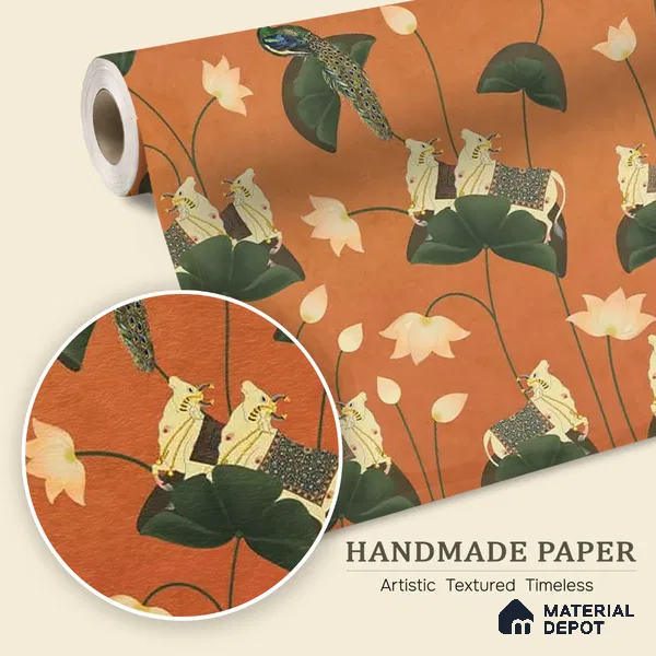 Pichwai Floral Cow Painting Inspired Rust Orange for Walls Handmade (Customised Wallpaper)