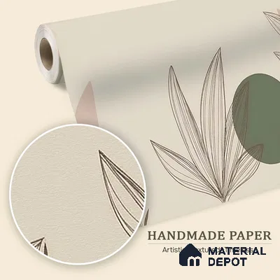 Green and Beige Leaves Line Art Customized Floral Wallpaper - Handmade