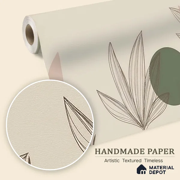 Green and Beige Leaves Line Art Customized Floral Wallpaper - Handmade