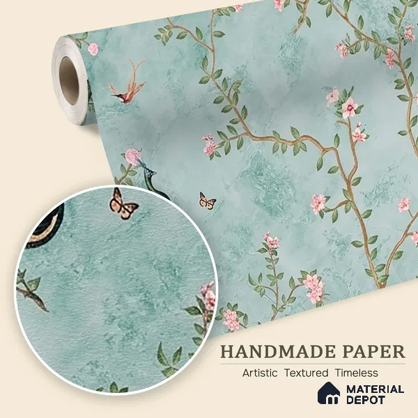 Bagiya, Peacock Handmade Chinoiserie Wallpaper in Indian Style (Customised Size Wallpaper)