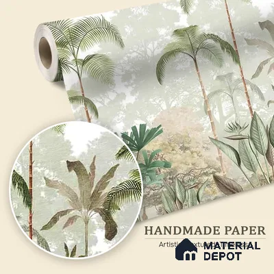 Kaira, Nature Theme Tropical Handmade Wallpaper for Rooms, Green (Customised Size)