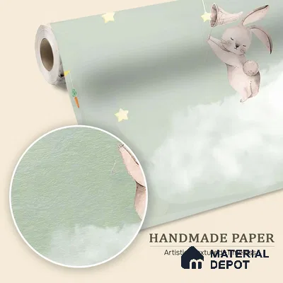 Bunnies in Sky Kids Room Wallpaper Pastel Green Handmade (Customized Size Wallpaper)