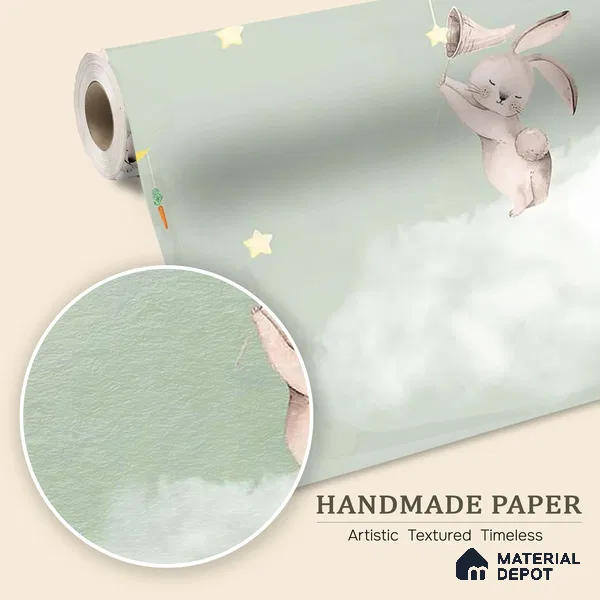 Bunnies in Sky Kids Room Wallpaper Pastel Green Handmade (Customized Size Wallpaper)