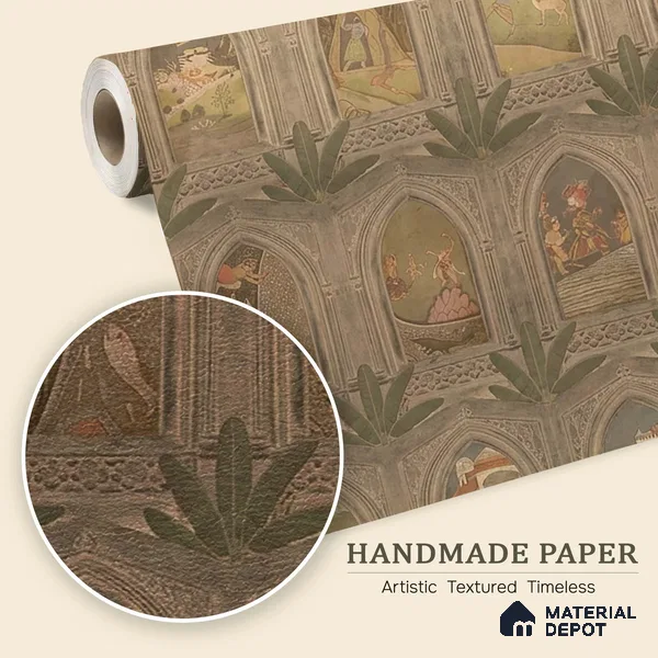 WP 03912 B | Ramayan- Luxury | Warm Beige Palace Arch Gallery Traditional Look Wallpaper Handmade (Customised Size)