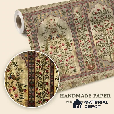 WP 04003 B | Madhuban Indian Floral Jharoka | Warm Beige Flowering Tree Panel Botanical Look Wallpaper Handmade (Customised Size)