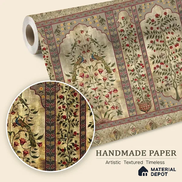 WP 04003 B | Madhuban Indian Floral Jharoka | Warm Beige Flowering Tree Panel Botanical Look Wallpaper Handmade (Customised Size)
