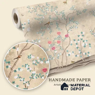 Sunset Serenade, Beige & Teal Chinoiserie Handmade Wallpaper Design