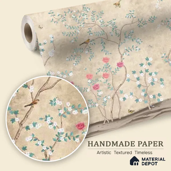 Sunset Serenade, Beige & Teal Chinoiserie Handmade Wallpaper Design