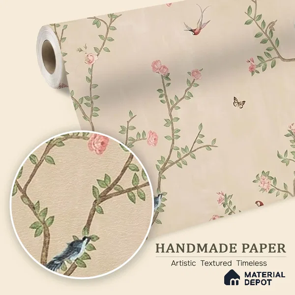 Bagiya, Peacock Chinoiserie in Indian Style, Clay Beige, Customised Handmade Wallpaper