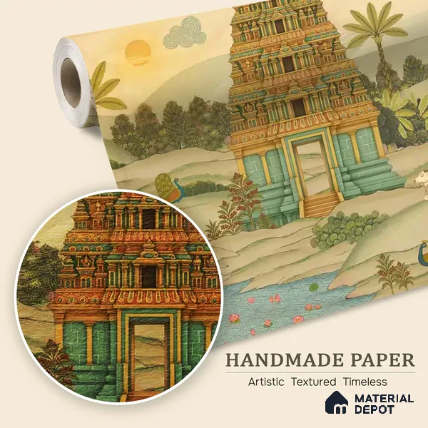 Gopuram Vatika Handmade Wallpaper in South Indian Style, Customised