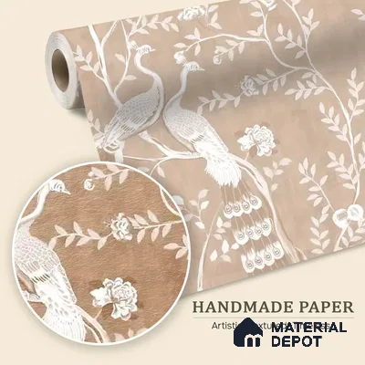 Morni, Peacock Chinoiserie Handmade Wallpaper, Clay Beige Customised Wallpaper
