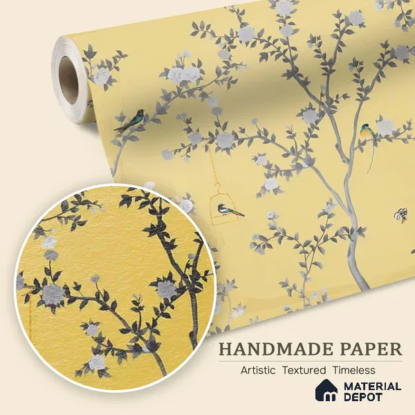 Aura in the Garden, Yellow Chinoiserie Handmade Wallpaper