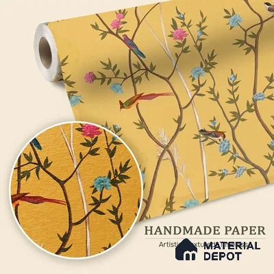 Yellow Chinoiserie Wallpaper with Flowers and Birds, Customised Sparkla N Shine Series Handmade Chinoserie Design (Customised Size Wallpaper)