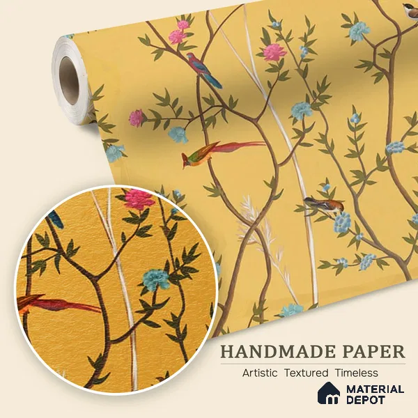 Yellow Chinoiserie Wallpaper with Flowers and Birds, Customised Sparkla N Shine Series Handmade Chinoserie Design (Customised Size Wallpaper)