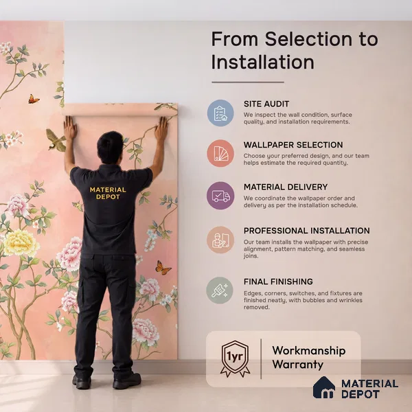 Blossom, Peach Chinoiserie Wallpaper, Customised Sukoon Series Handmade Chinoserie Design (Customised Size Wallpaper)