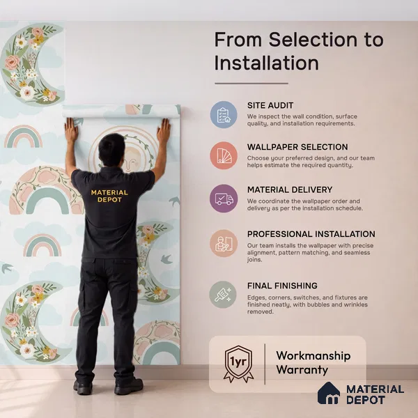 Floral Rainbows and Moon Baby Wallpaper 10 Meter x 19.68 Inches Soft Feel Paper Type Wallpaper -54 Sq. Ft. | Minimum 15% wastage during installation